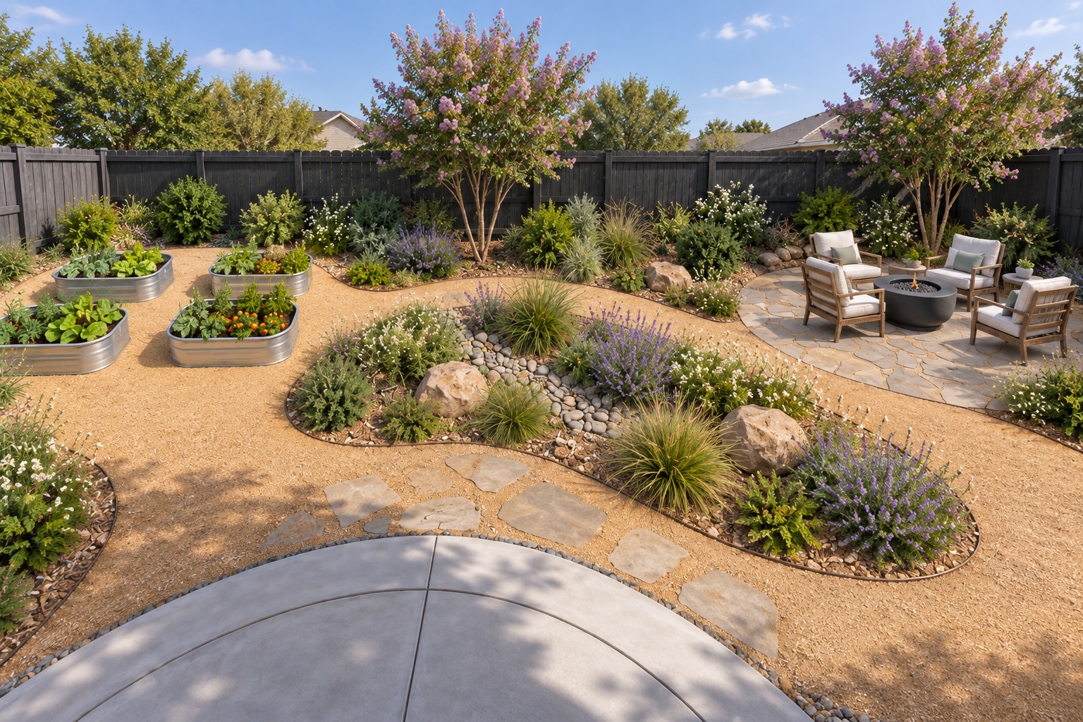 Landscape concept with flowering trees, raised beds, a dry creek, and a fire pit seating area